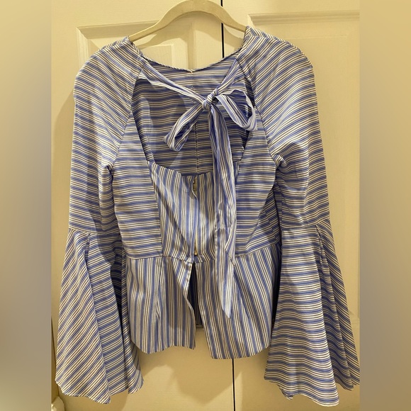 MILLY Luna Stripe Bell Sleeve Peplum Blouse Size 0 Sky Blue - Picture 5 of 7